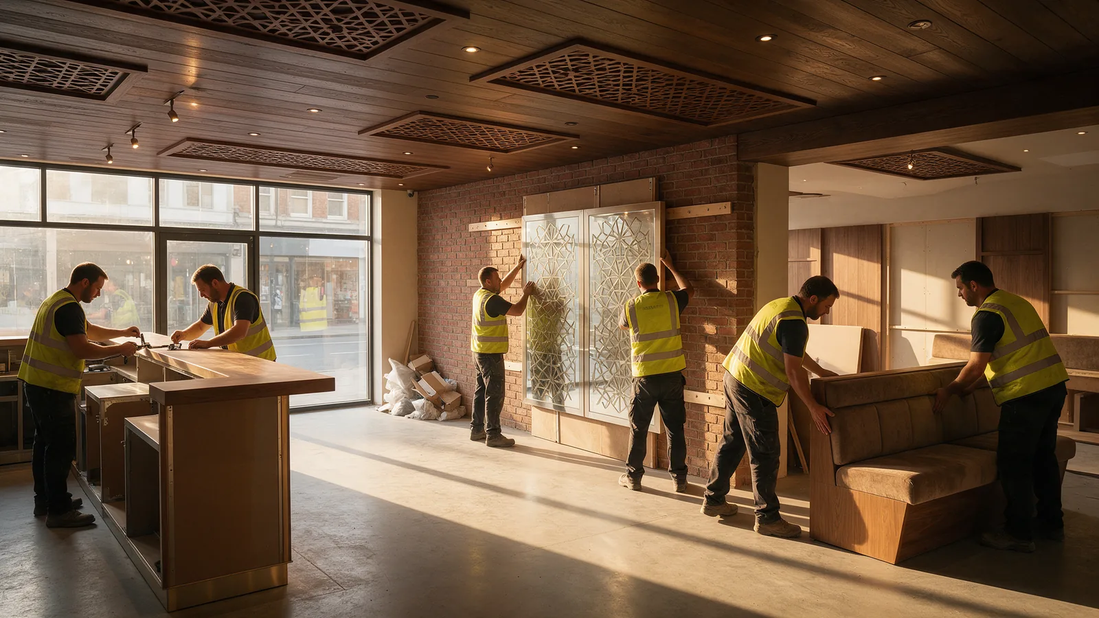 Manufactured restaurant interior components assembled and installed on site